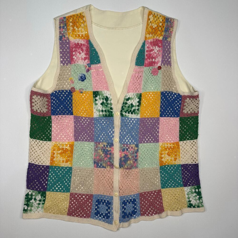 Vintage 1970’s Granny Square Crocheted Multicolor Vest - Handmade